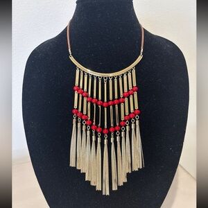 Chico’s Karina Statement Necklace gold bars w/red beads and tassels 28”